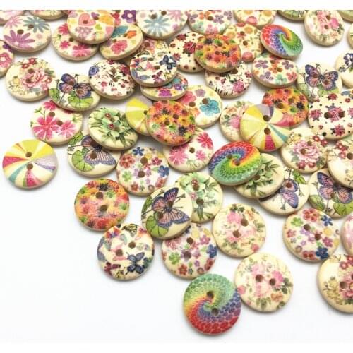 10pcs/50pcs/100pcs 15mm 2 Holes Flowers Florals Mixed Round Wood Buttons Clothing Sewing Accessories