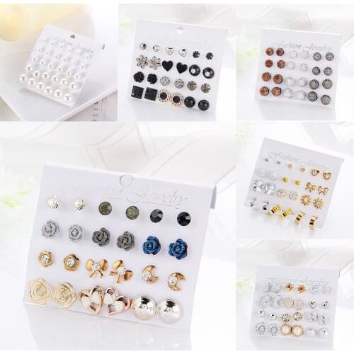 12 Pairs Card Mixed Style Stud Earring Set For Women Color Balls Love Flowers Earrings Women Imulated Pearl Earrings Jewelry