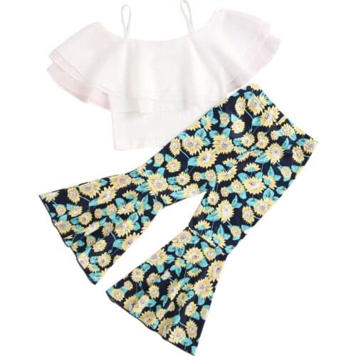 New Toddler Girls 2Pcs Summer Clothes, Off Shoulder Ruffle Strap Tops + Flare Pants Set