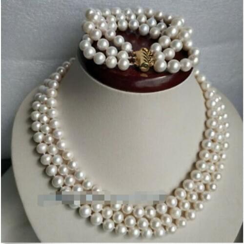 3ROW NATURAL 8-9 MM WHITE PEARL Necklace BRACELET Yellow CLASP SET