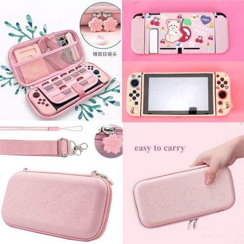 8 IN 1 Cute Pink Sakura Portable Storage Bag Travel Carrying Cover for Nintendo Switch Lite Game Accessories TPU Soft Case