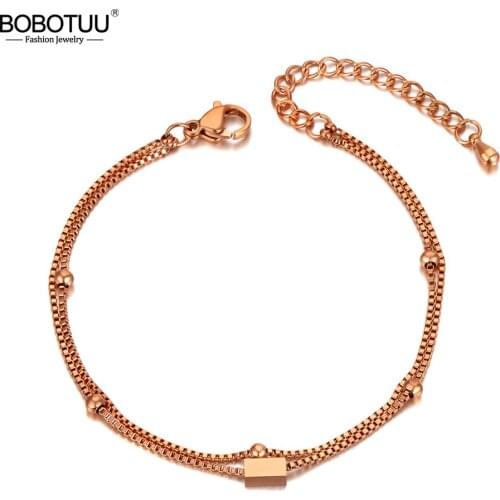 BOBOTUU Fashion Rose Gold Double Layer Stainless Steel Geometry Charm Bracelets For Women Bohemia Chain Link Bracelet BB20035