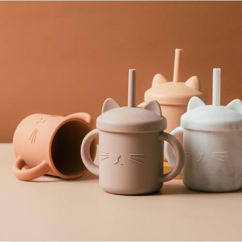 Baby Feeding Cups Silicone Drinkware Cute Cartoon Cat Sippy Cup For Toddlers Kids Sippy Cup Lids Solid With Handle Drinker