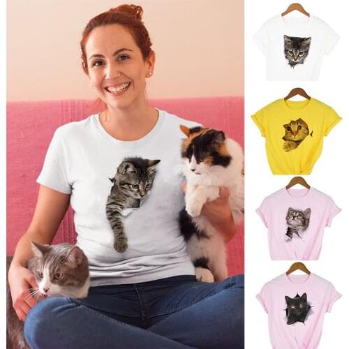 Fashion Cute 3D Cat Print Casual Harajuku T Shirt Summer Casual O-Neck Clothes Top Female Graphic Tee Women Camisas Mujer Kawaii