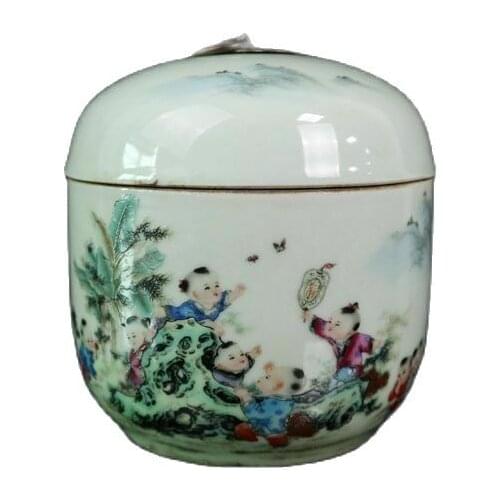 Chinese old porcelain Pastel Baby Play Figure pattern cans Receiving Tank Cover can