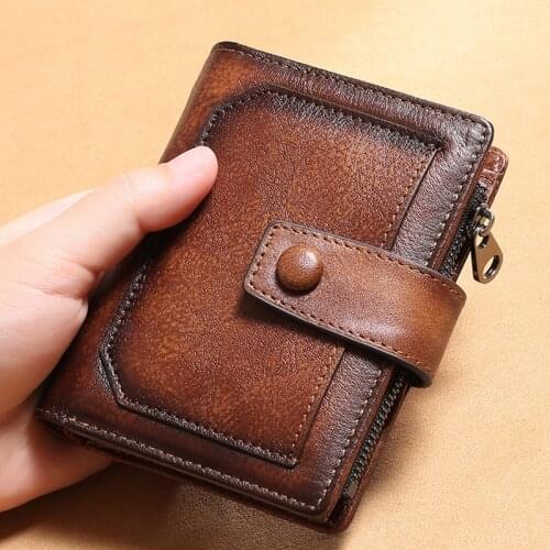 High Quality Vintage Genuine Leather Wallet Anti Theft RFID Short Zipper Male Money Bag Card Holder Coin Purse Wallest Men