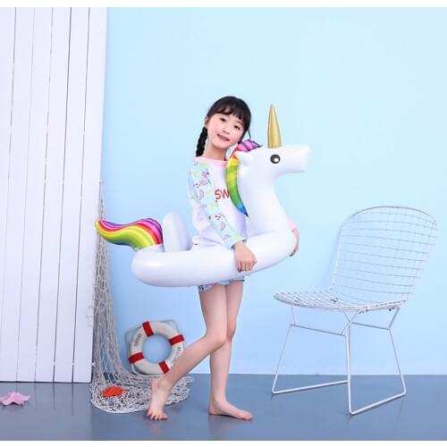 Fashionable Rainbow Unicorn White Children Swimming Float Seat Cartoon Inflatable Circle Pool Kids Protector Water Park Props