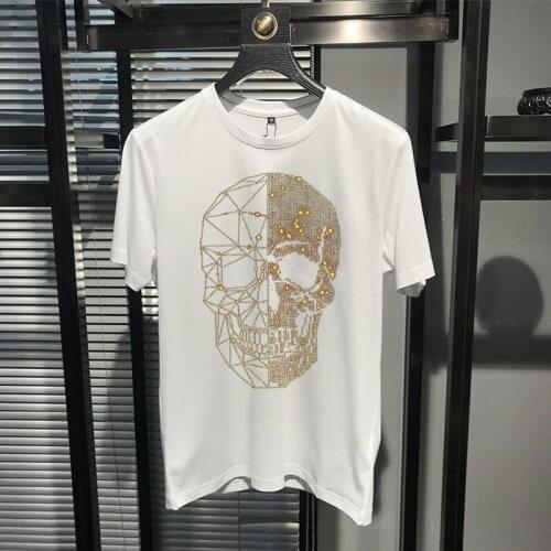 2021Tshirts Men t Shirt Summer Top Quality Short-Sleeved Skull Fashion Casual Round Neck Cotton Hot Drill Breathable Street Hip
