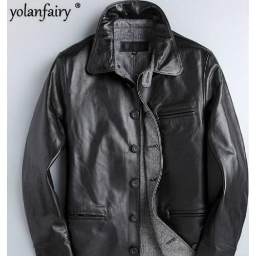 2020 Mens Genuine Leather Jacket Fashion Brown Cow Leather Jacket Spring Autumn Coat Men Casual Solid Cuero Genuino Pph352