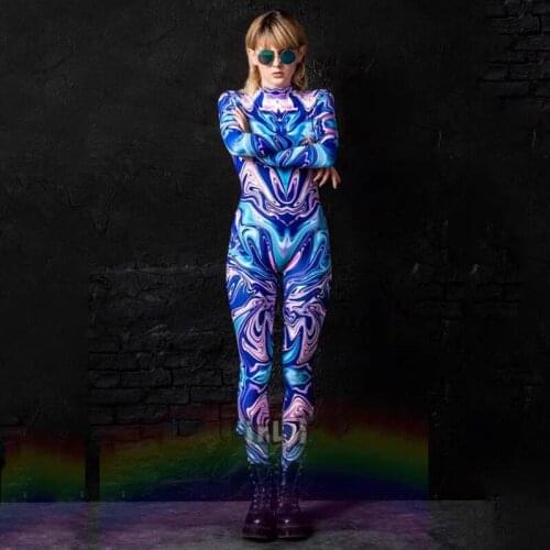 Nightclub Pole Dancing Bodysuit Long Sleeve Blue High Stretch Jumpsuit For Women Adult Gogo Dancer Festival Rave Outfits DWY5578