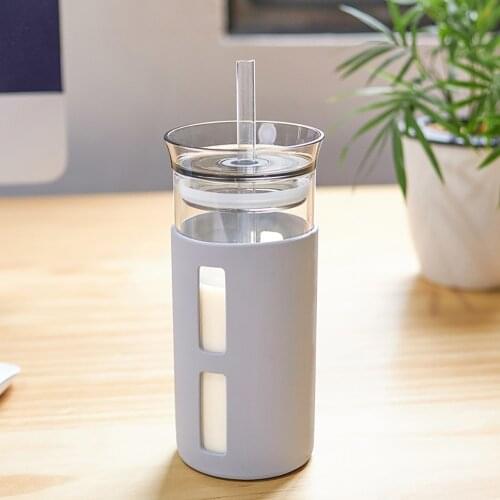 Silicone Glass Bottles Simple Water Bottle Eco Friendly Glass Straw Glasses Pink Gray Orange Cups Waterbottle 360/500 Ml Bottle