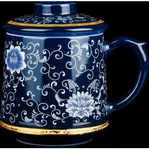 Blue and White Porcelain Office Tea Cup with Cover Ceramic Lovers Cup Large with Filter Water Cup Boss Cup Mug