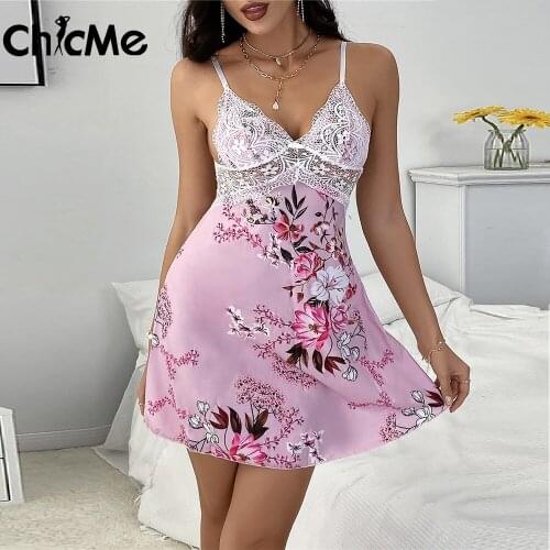 Chicme Sexy Women Guipure Lace Patchwork Satin Floral Print Nightgown Spaghetti Strap Ladies Babydolls Mini Dress Home Bedroom