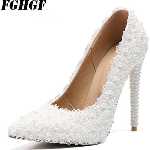 Wedding WomenS Crystal High-Heeled Shoes White Lace Mosaic Elegant Spring Autumn Party WomenS Crystal High-Heeled Shoes