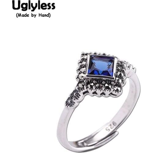 Uglyless Simple Geometric Square Rings for Women Blue Corundum Rhombus Open Rings Solid 925 Sterling Silver Fine Jewelry R869