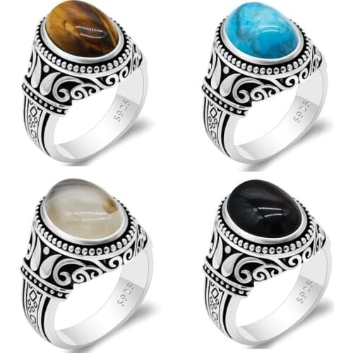 Vintage 925 Sterling Silver Male Ring with Turquoise/Agate/Tiger Eyes Stone Men Rings Turkish Handmade Thai Silver Jewelry Gift