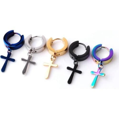 Minimalist Gold Color Dangling Cross Shaped Charm Pierced Hoop Earrings For Guy Men Women Jewelry
