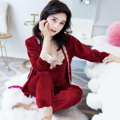 2020 tops womens pajamas set clothing 3 piece Gold velvet Femme Home Comfortable robes clothes and pants