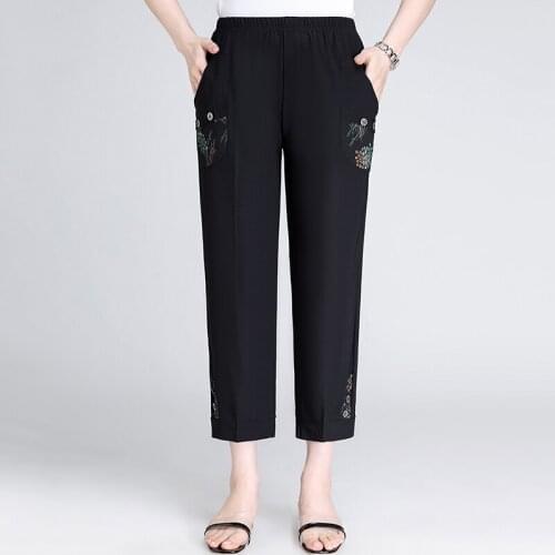 2021 Summer Womens Straight Leg Pants Woman Large Size Loose Casual Stretch Waist Calf Pants Women Fashion Pocket Printed Pants