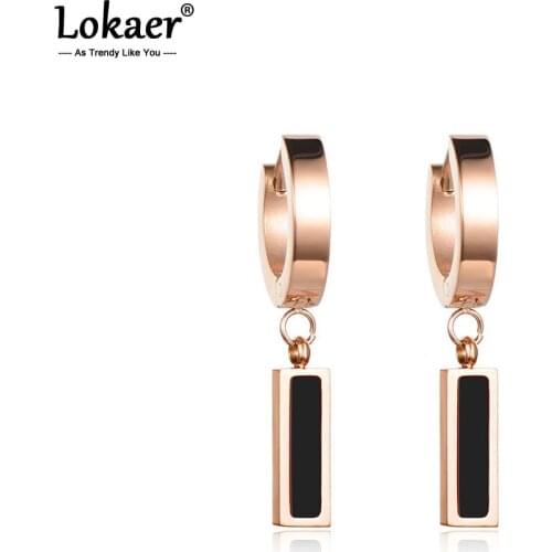 Lokaer Fashion White & Black Shell Hoop Earrings For Women Rose Gold Color Titanium Steel Female Earrings Jewelry E17044