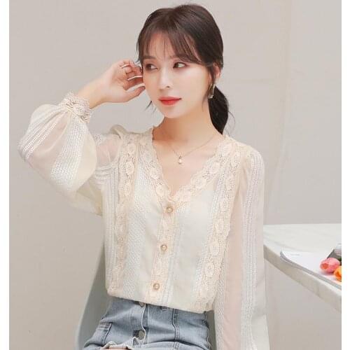 Womens Spring Autumn Style Chiffon Blouses Shirt Womens V-Neck Solid Color Long Sleeve Button Lace Patchwork Tops DD9067