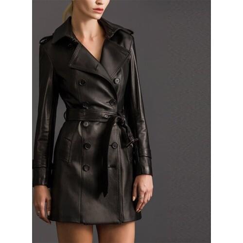 Black Lambskin Genuine Leather Short Trench Coat Double Breasted Shoulder Tab Waist Belted Long Sleeves Fashion Trench