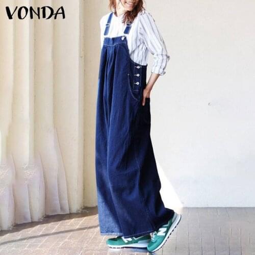 Women Sleeveless Denim Jumpsuit Rompers 2021 VONDA Casual Wide Leg Pants Female Suspenders Women'Overalls Pantalon