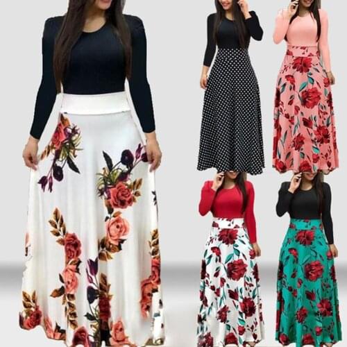 Vintage Floral Print Boho Dress Women Dot Print Color Matching Long Sleeve High Waist Women Maxi Dress Party Beach Summer Dress