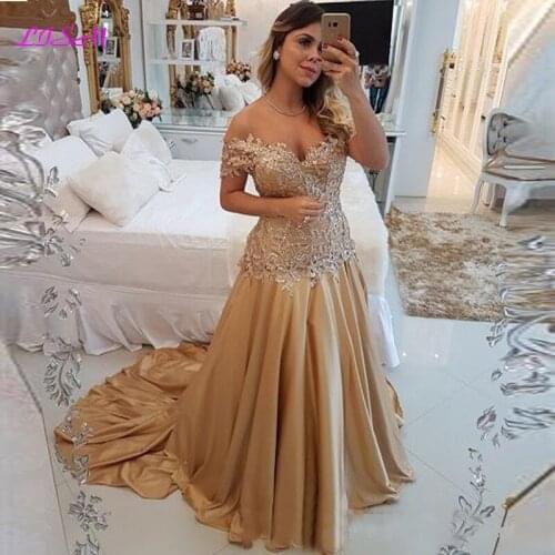 Off the Shoulder Lace Appliqued Satin Long Evening Dresses Elegant Prom Party Dress for Women robe de soiree