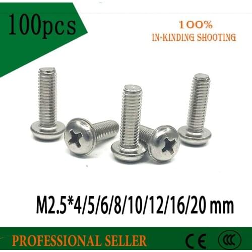 100pcs M2.5*4/5/6/8/10/12/16/20mm 304 stainless steel round head screws Pan head with pad screw With dental screw
