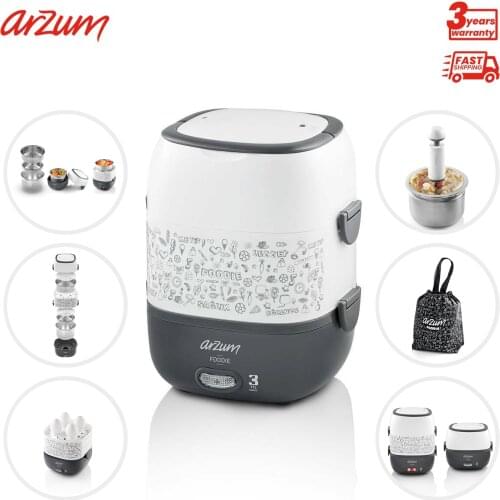 Arzum Foodie Lunch Box Warming Steam Cooking Egg Boiling Stainless Steel Vacuumed With Measuring Cup Carrying Bag Food Storage Container Portable Heating Food Warmer Heater Rice Container
