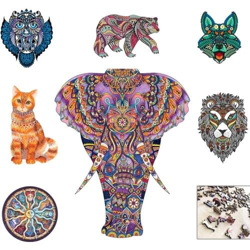 Wooden Jigsaw Puzzles For Adults DIY Crafts Unique Animal Shape Pieces 3D Puzzle Toys for Kids Boys Family Game Children Gift