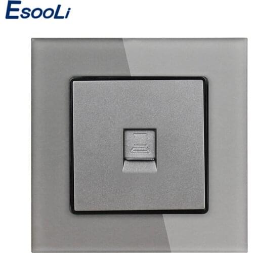 Esooli Crystal Glass Panel Power Socket 1 Gang RJ45 Internet Jack Cat5e Connector Computer Outlet Wall Data Socket