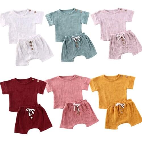 0-24M New Baby Girls Boys Botton Clothes Outfits Cotton Summer Kids Short Sleeve Tops T-Shirts+Shorts Suits