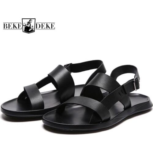 Classic Black Solid Natural Leather Sandals Men Summer Brand Casual Breathable Flat Shoes Open Toe Beach Sandals Slippers Hombre