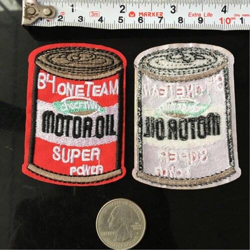 Red Motor Oil Pot DIY Badges Iron On Patches Embroidered Applique Sewing Label Clothes Stickers DIY Apparel Accessories Badge