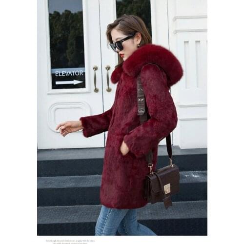 New Real genuine natural rabbit fur coat with fox fur hood womens fashion jacket outwear