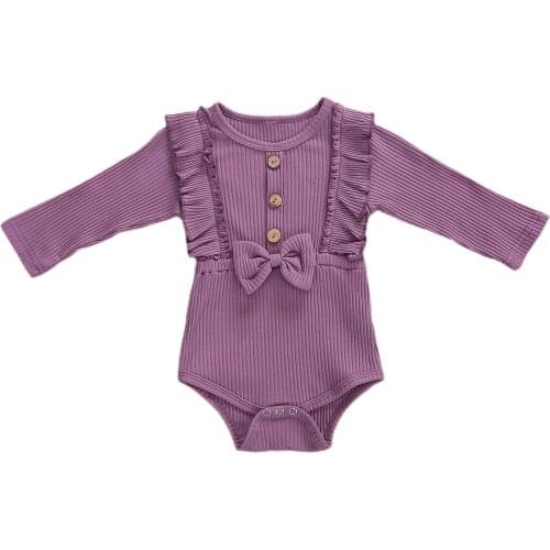 Toddler’s Autumn Winter Clothes Solid-Color Round-Neck Ruffle Long-Sleeves Rompers with Bowknot Baby Girl Bow Outfit Playsuits