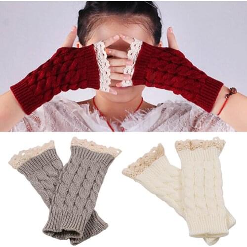 Fashion Women Gloves Fingerless Acrylic Fibers Knitting Wool Lace Gloves Warm Long Mitten Wrist Warmer Female Gloves
