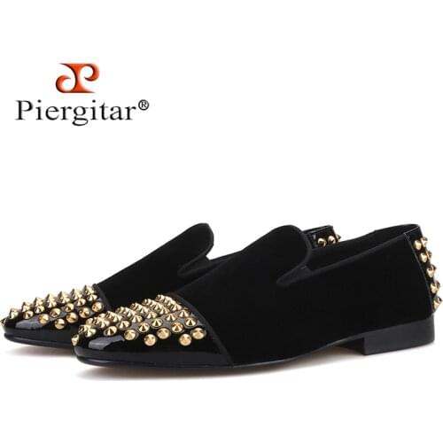 Piergitar 2019 Handmade men velvet shoes with front and rear gold spikes Italy style smoking slipper plus size men casual shoes