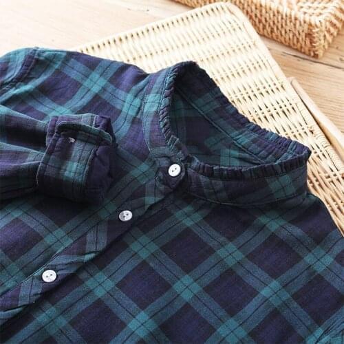 Lamtrip Retro Dark Green Plaid Baby Cotton Long Sleeve Ruffled Collar Shirt Blouse 2021 Spring