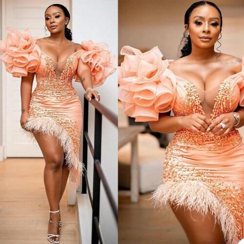 Sexy Mini Mermaid Prom Dress Luxury Beading Feather V Neck Tiered Ruffles Short Sleeve Glitter Pearls Dresses African Black Girl