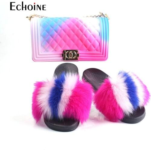 Echoine Imitate Fur Slides Matching Purse Plush Slippers Fluffy Slides Women Party Shoes Bag Set Color Candy Bags Flat Sandals