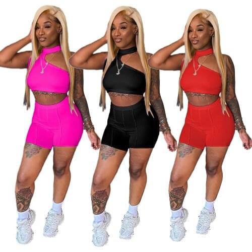 Summer Womens Sexy Round Collar Irregular Crop Top Casual Solid Color Stretch Slim Shorts Two Piece Suit Wholesale Dropshipping