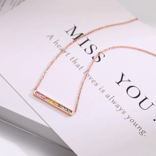 Colorful Pink Yellow White Cystal Geometric Bar Pendant Necklaces Rose Gold Color Stainless Steel Chain Wedding Jewelry No Fade