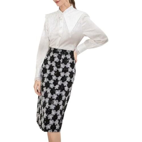 Women Clothing Two Pieces Set Lace Trims White Shirt + Knee Length Flower Skirt