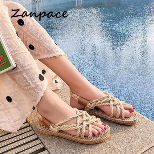 2020 Hemp Women Sandals Gladiator Cross-tied Braide Rope Platform Sandals Comfortable Beach Non-slip Casual Sandals Women Shoes
