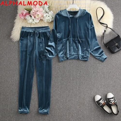 ALPHALMODA 2021 Spring Women Long-sleeved Velvet Sweatshirt + Pants 2pcs Fashion Suit Casual Ladies Jogger Fashion Clothes Set