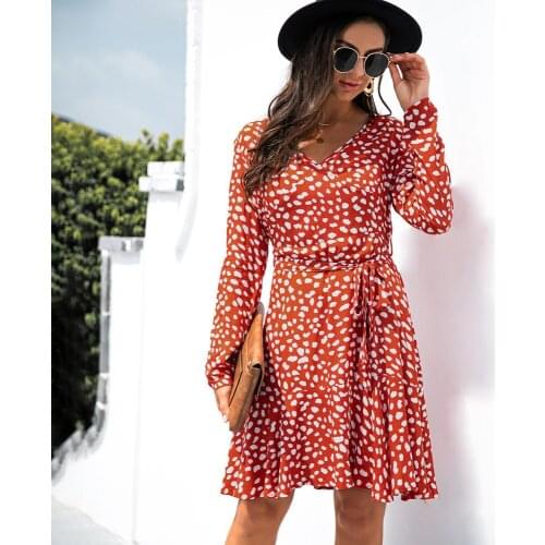 Casual Fashion Dot Print Mini Dress 2021 Women Autumn Sexy V-neck Long Sleeve Lace-up Ruffles Dresses Office Lady Party Dress