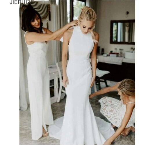 JIERUIZE White Simple Mermaid Wedding Dresses High neck zipper back Bridal Dresses vestido de novia
